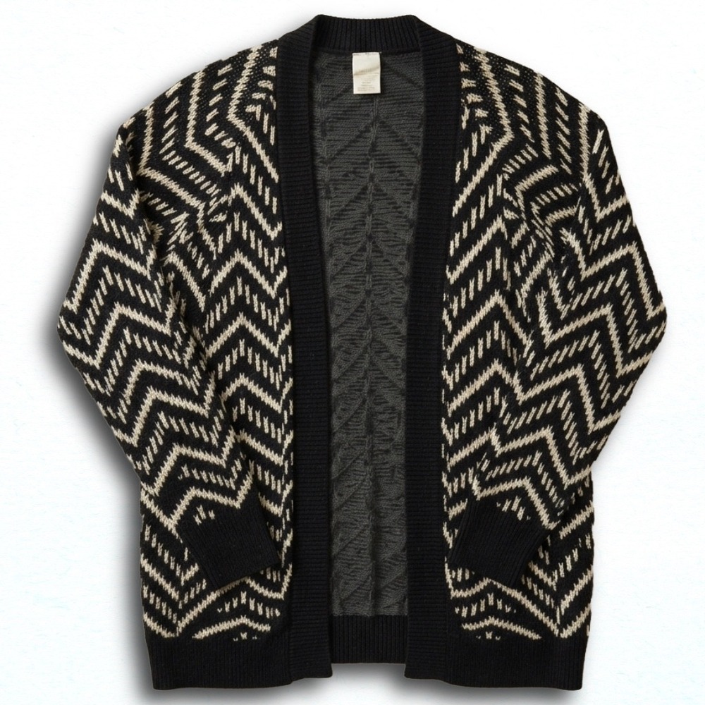 Forever 21 Womens Open Front Chevron Zigzag Knit Cardigan Sweater Black Cream M